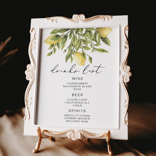Lemon Calligraphy Drinks List Bar Sign (Creator Uploaded)