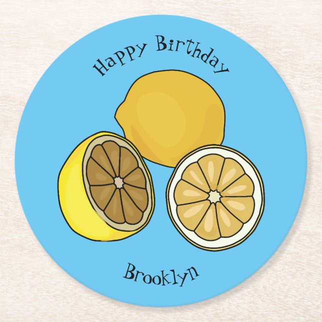 Lemon cartoon illustration round paper coaster (Front)