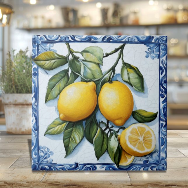 Lemon Ceramic Tile with Classic Blue Border (Classic blue border Italian Lemons and Leaves Ceramic Tile)