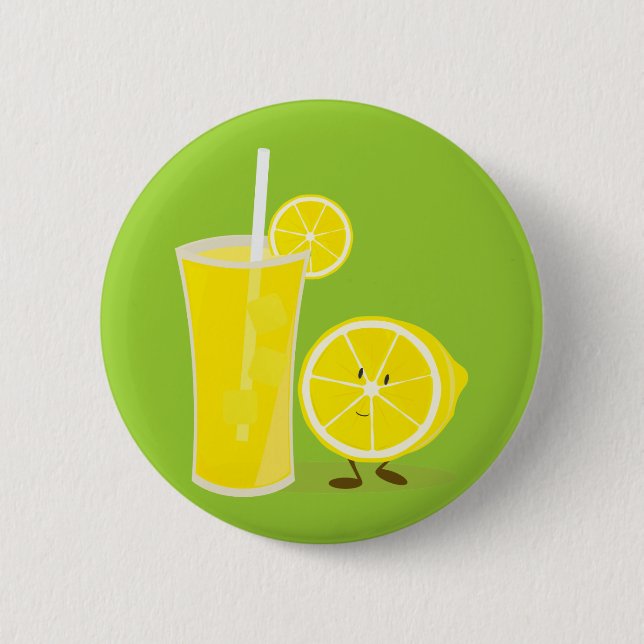 Lemon character standing next to lemonade 6 cm round badge (Front)