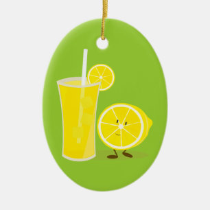 Lemon character standing next to lemonade ceramic ornament