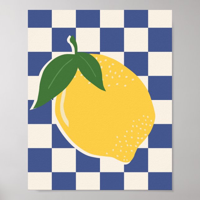 Lemon Chequerboard Retro Fruit Blue Poster (Front)