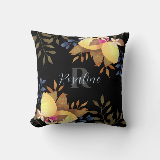 Lemon Chic Black Monogram Throw Pillow (Front)
