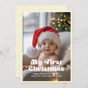 Lemon Chiffon Gingham My First Christmas Baby Holiday Card