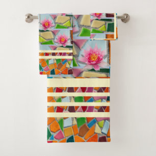 Lemon Chiffon Water Lily w/ Mosaic Pattern Bath Towel Set