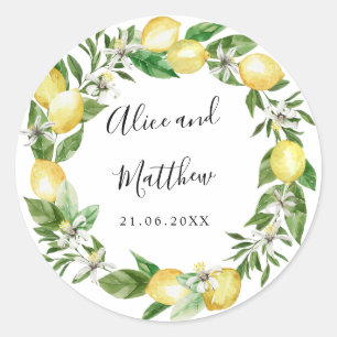 Lemon Citrus and leaves wedding monogram Classic Round Sticker