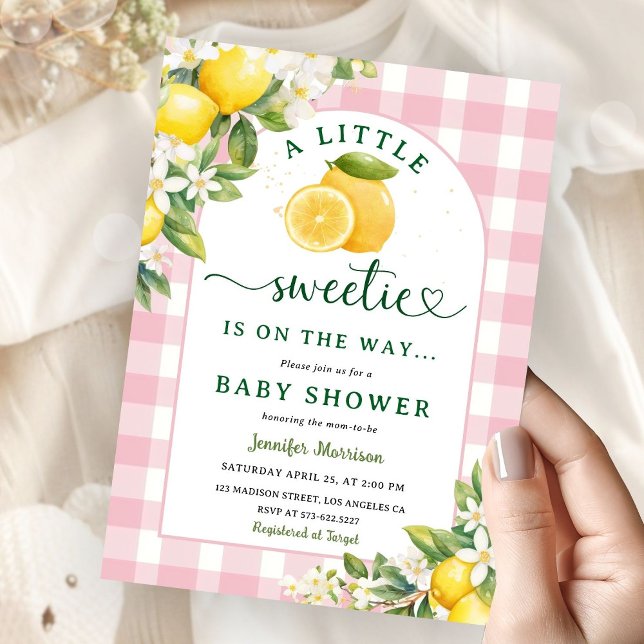 Lemon Citrus Baby Shower Girl Pink Gingham  Invitation (Creator Uploaded)