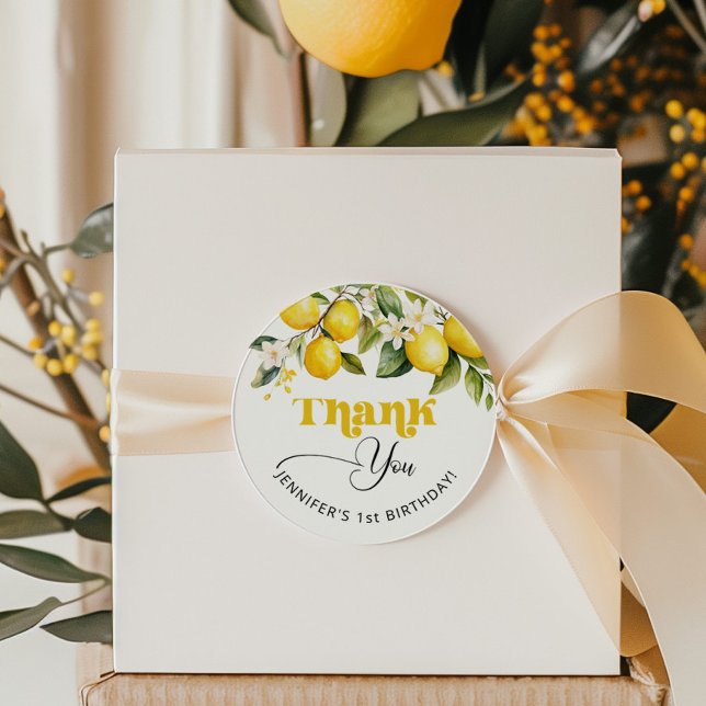 Lemon citrus birthday party thank you classic round sticker (Creator Uploaded)