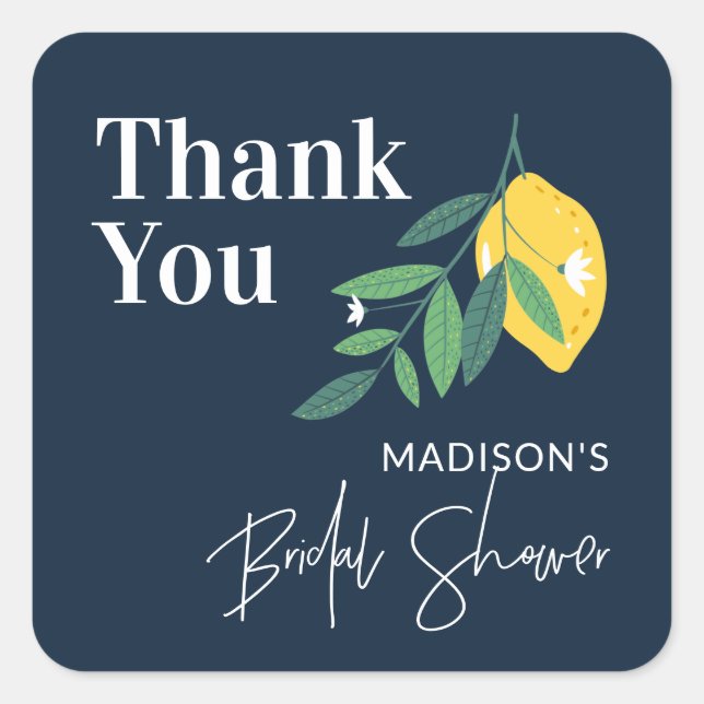 Lemon Citrus Blue Bridal Shower Thank You Favour Square Sticker (Front)