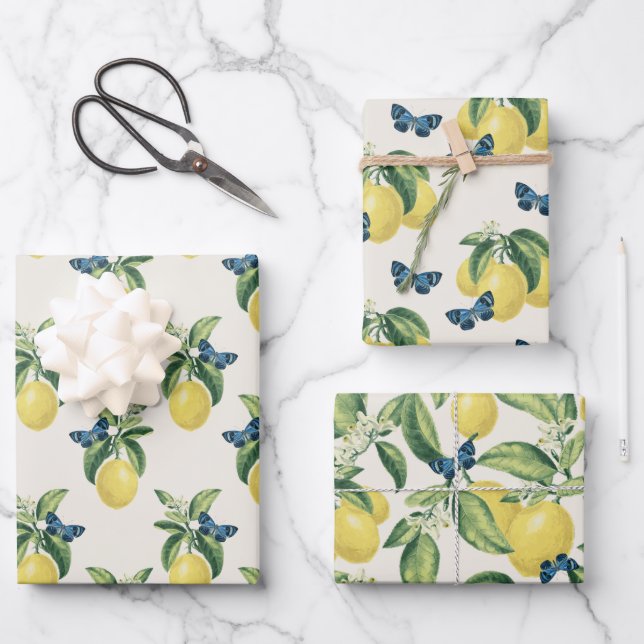 Lemon Citrus Blue Butterflies Wrapping Paper Sheet (Front)