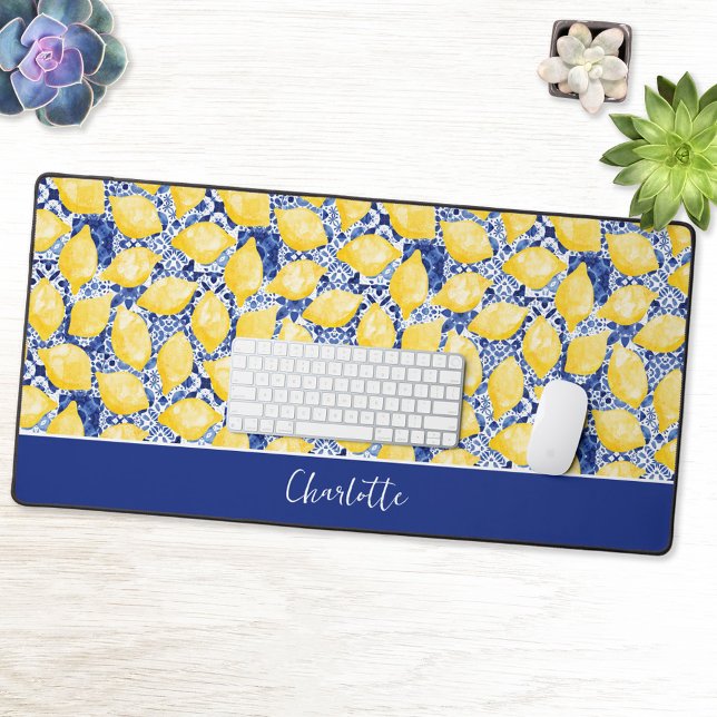 Lemon Citrus Blue Mediterranean Personalized Desk Mat (Modern lemon citrus Mediterranean blue tile personalized custom text desk mat)