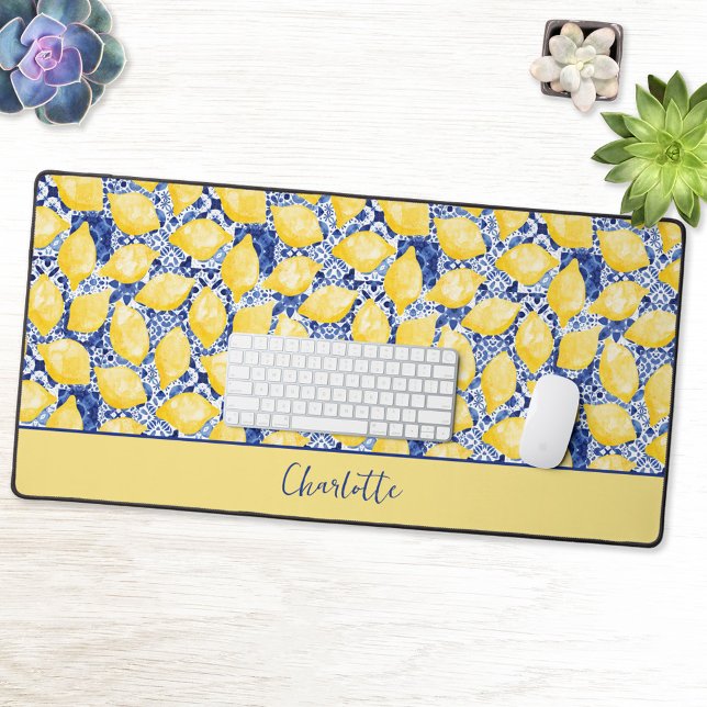 Lemon Citrus Blue Mediterranean Personalized Desk Mat (Modern lemon citrus Mediterranean blue tile personalized custom text desk mat)