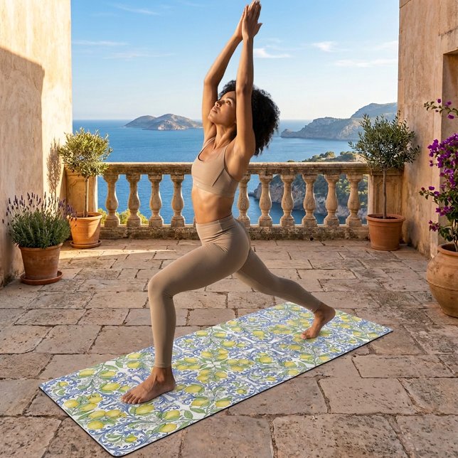 Lemon Citrus Blue Mediterranean Tile Pattern Yoga Mat (Lemon Citrus Blue Mediterranean Tile Pattern Yoga Mat)
