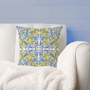 Lemon Citrus Blue Scroll Italian Tile Pattern Cushion