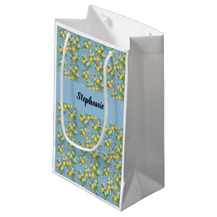 Lemon Citrus Blue Tile Pattern Monogram Name Small Gift Bag