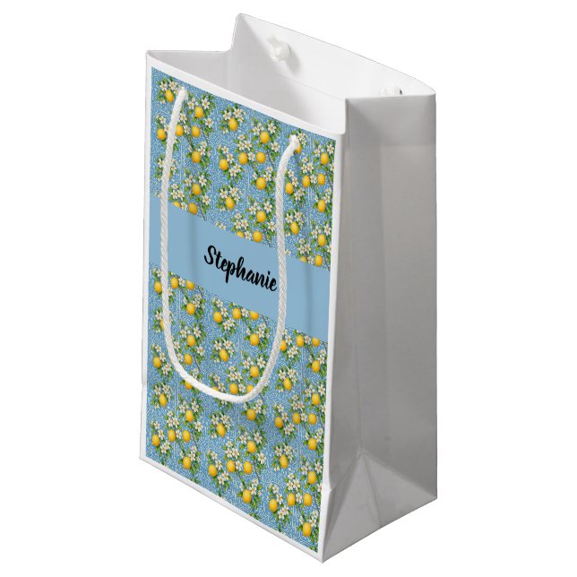 Lemon Citrus Blue Tile Pattern Monogram Name Small Gift Bag (Front Angled)
