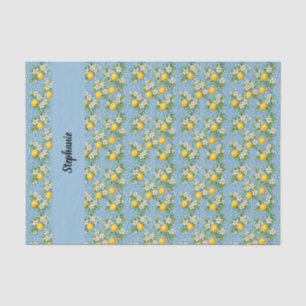 Lemon Citrus Blue Tile Pattern Monogram Name Tissue Paper