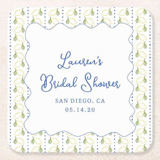 Lemon Citrus Blue & Yellow Amalfi Bridal Shower Square Paper Coaster (Front)
