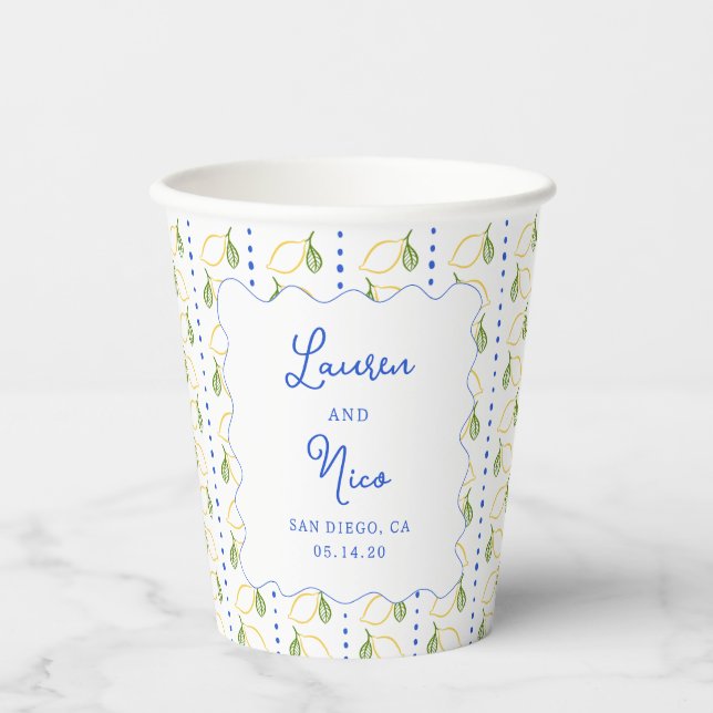 Lemon Citrus Blue & Yellow Amalfi Custom Wedding  Paper Cups (Front)