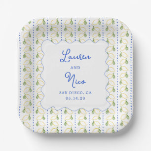 Lemon Citrus Blue & Yellow Amalfi Custom Wedding  Paper Plate