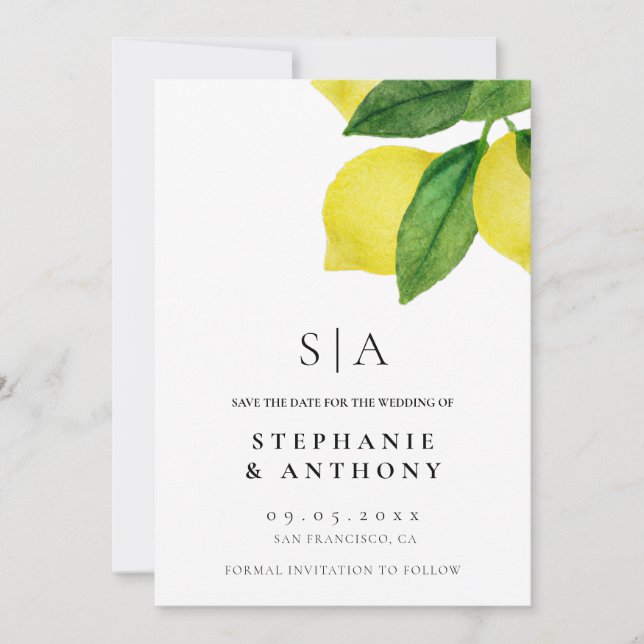  Lemon Citrus Branch Greenery Wedding      Save The Date (Front)