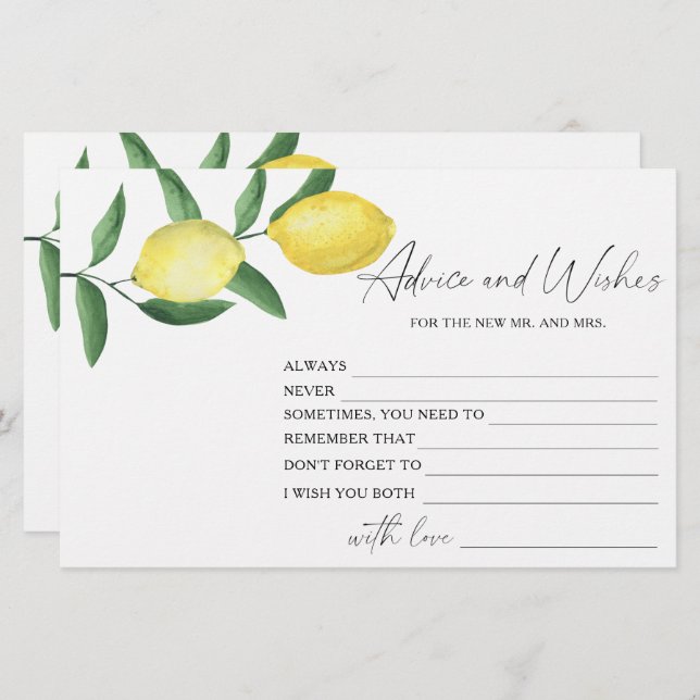 Lemon Citrus - Bridal Shower Advice and Wishes Stationery (Front/Back)