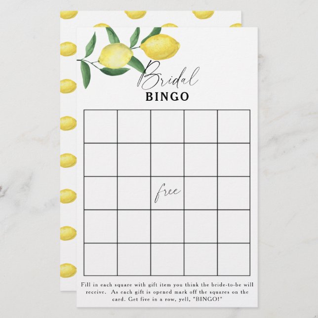 Lemon Citrus - Bridal shower bingo game (Front/Back)