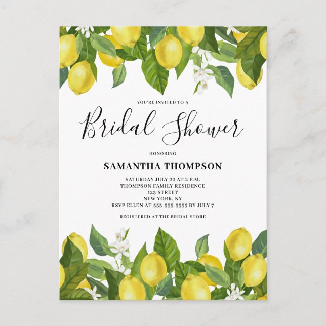 Lemon Citrus Bridal Shower Invitation Postcard (Front)