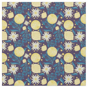 Lemon Citrus Dark Purple Floral  Fabric