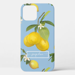 Lemon Citrus Floral Dusty Blue Foliage Greenery iPhone 12 Case