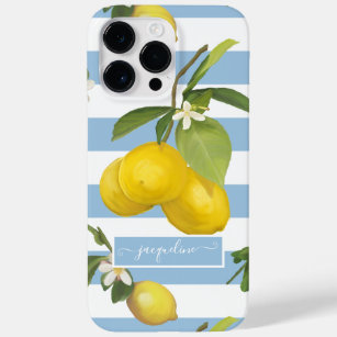 Lemon Citrus Floral Dusty Blue White Striped Leaf Case-Mate iPhone 14 Pro Max Case