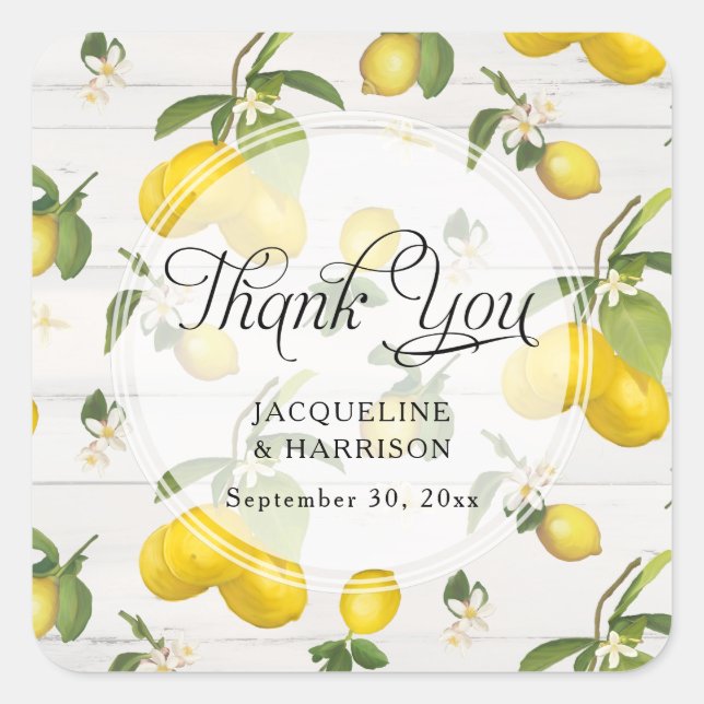 Lemon Citrus Floral Greenery Grey Rustic Thank You Square Sticker (Front)