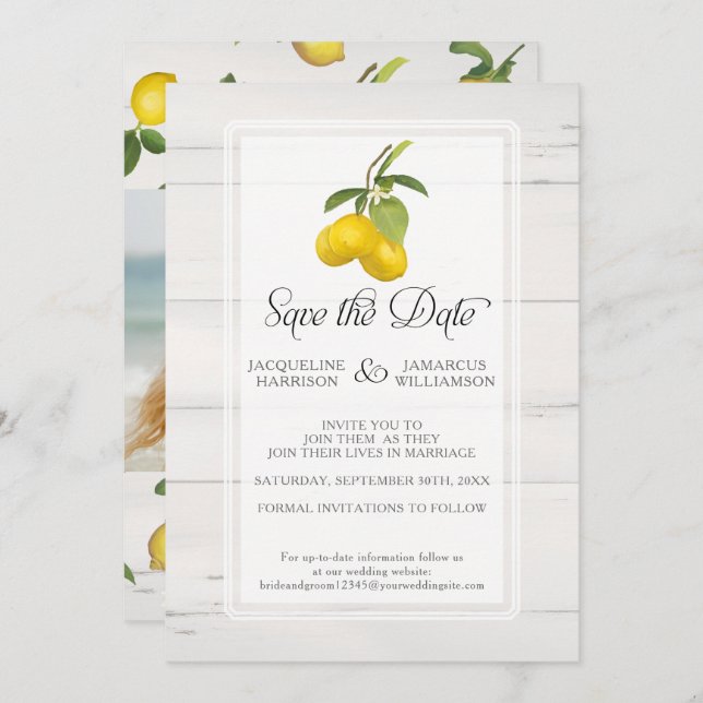 Lemon Citrus Floral Grey Yellow Foliage Photo Save The Date (Front/Back)