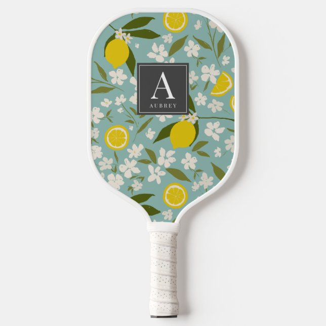 Lemon Citrus Floral Pattern Sky Blue Pickleball Paddle (Front)