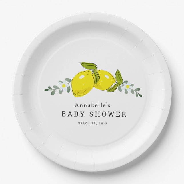 Lemon Citrus Floral White Baby Shower Paper Plate (Front)
