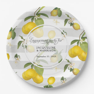 Lemon Citrus Floral White Stripe Engagement Party Paper Plate