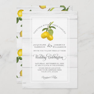 Lemon Citrus Floral Yellow White Grey Wood Wedding Invitation