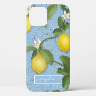 Lemon Citrus Flower Dusty Blue Leaves n Greenery iPhone 12 Case