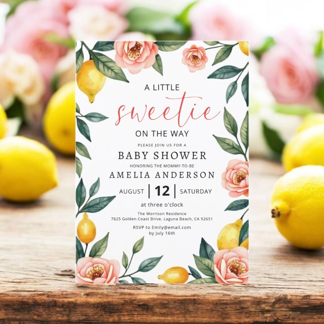 Lemon Citrus Fruit Pink Floral Summer Baby Shower Invitation (Creator Uploaded)