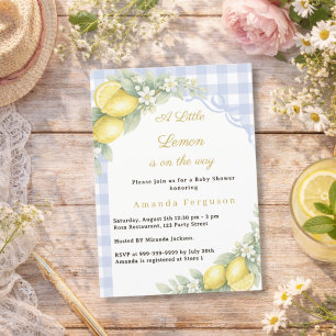 Lemon citrus gingham blue bow boy Baby Shower Invitation