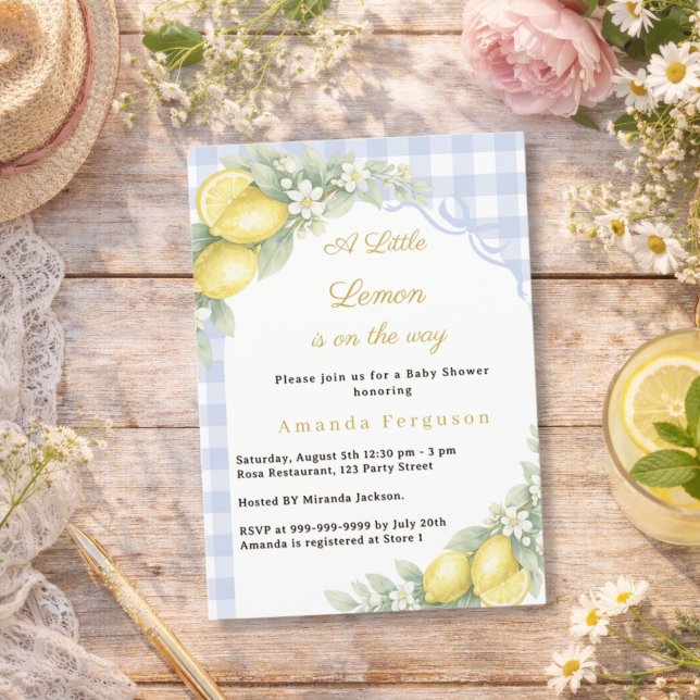Lemon citrus gingham blue bow boy Baby Shower Invitation (Creator Uploaded)