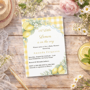 Lemon citrus gingham blue bow boy Baby Shower Invitation