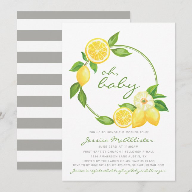 Lemon Citrus Green Grey Stripe Unisex Baby Shower Invitation (Front/Back)