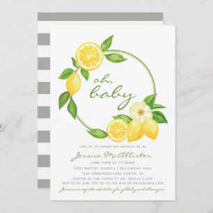 Lemon Citrus Green Grey Stripe Unisex Baby Shower Invitation