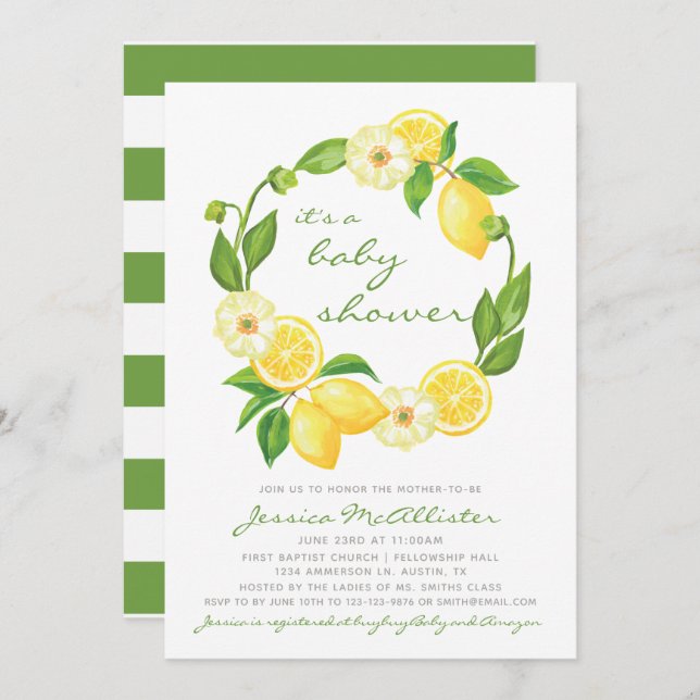 Lemon Citrus Green Stripes Baby Shower Invitation (Front/Back)