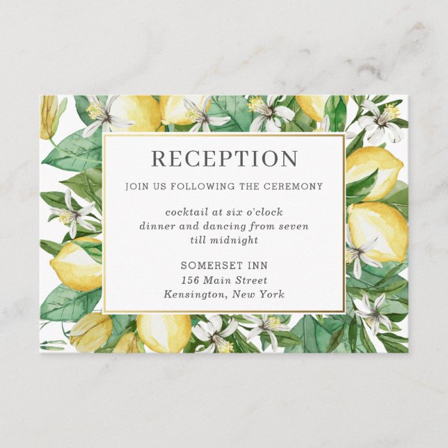 Lemon Citrus Greenery Floral Wedding Reception Enclosure Card (Front)