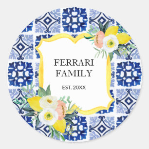 Lemon Citrus Italian Mediterranean Tiles Pattern Classic Round Sticker
