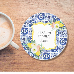 Lemon Citrus Italian Mediterranean Tiles Pattern Coaster