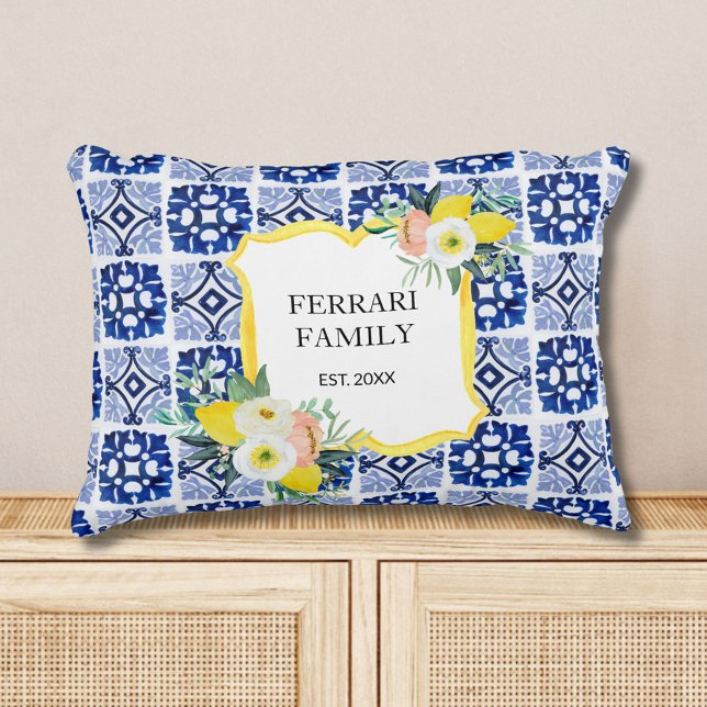 Lemon Citrus Italian Mediterranean Tiles Pattern Decorative Cushion (In situ)