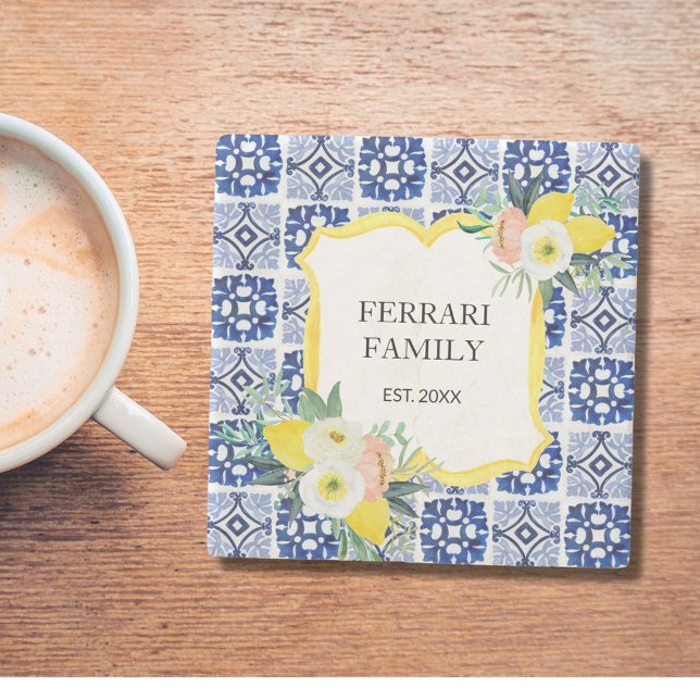 Lemon Citrus Italian Mediterranean Tiles Pattern Stone Coaster (In situ)